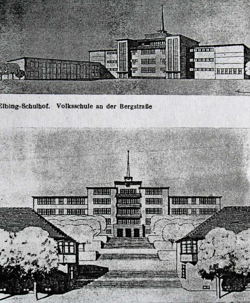 Elbląg. Projekt szkoły przy dzisiejszej ulicy Agrykola (dawnej Jahnschule). U góry widok od strony Placu Sportowego. U dołu widać tarasowo ukształtowany ogród przed budynkiem. Ilustracja wg ODBZ 1929